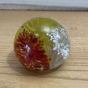 Vintage Art Glass Paperweight Color Floral Burst Flower Gorgeous Colors 2.5”